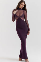 Figurbetontes Maxikleid mit Stehkragen und langen Ärmeln und transparentem Netzeinsatz - Fuchsia